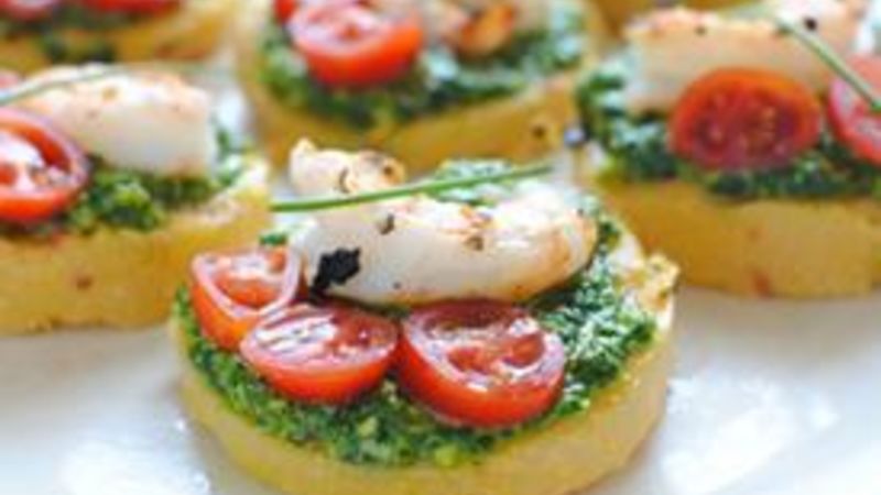 Polenta Bruschetta with Shrimp and Spinach Pesto Recipe - Tablespoon.com