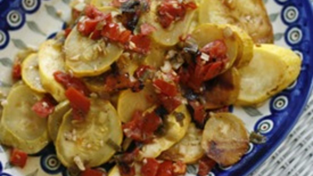Grilled Summer Squash with Tomatoes, Garlic and Scallions