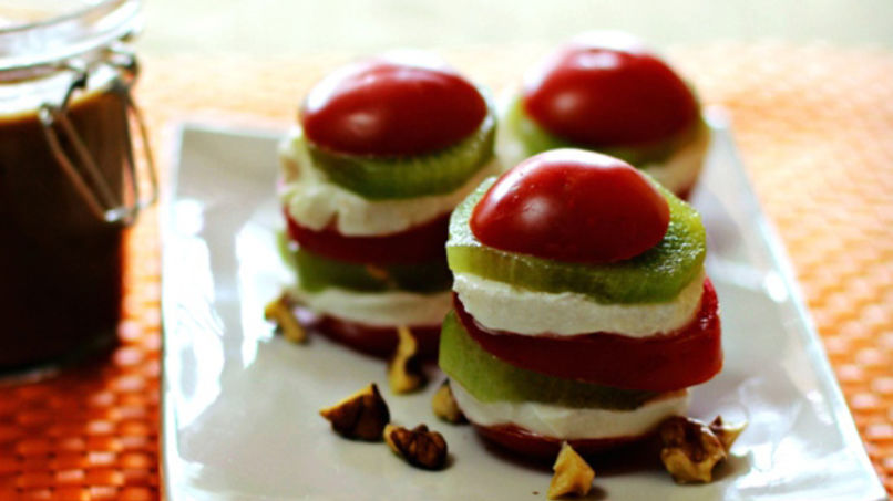 Kiwi, Tomato, Goat Cheese and Walnut Tower
