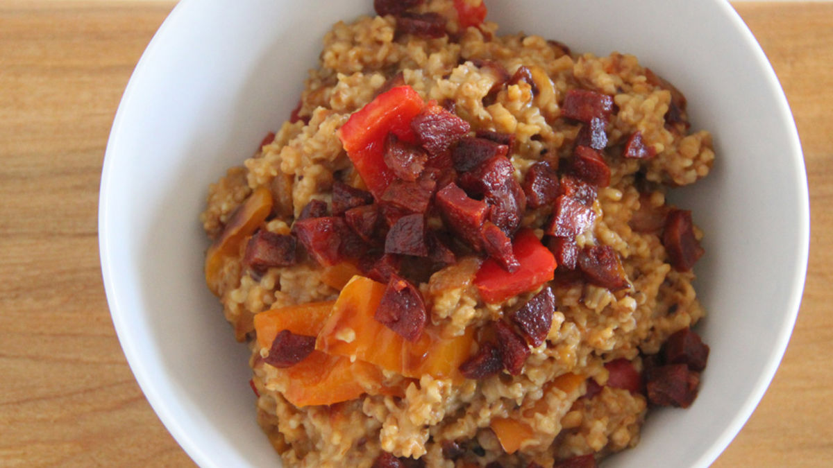 Steel Cut Oatmeal with Chorizo, Peppers and Onions