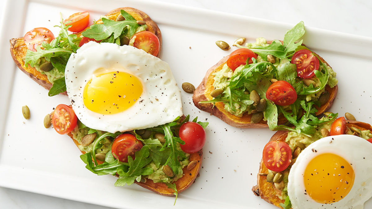 Sweet Potato Avocado Toasts with Egg and Arugula