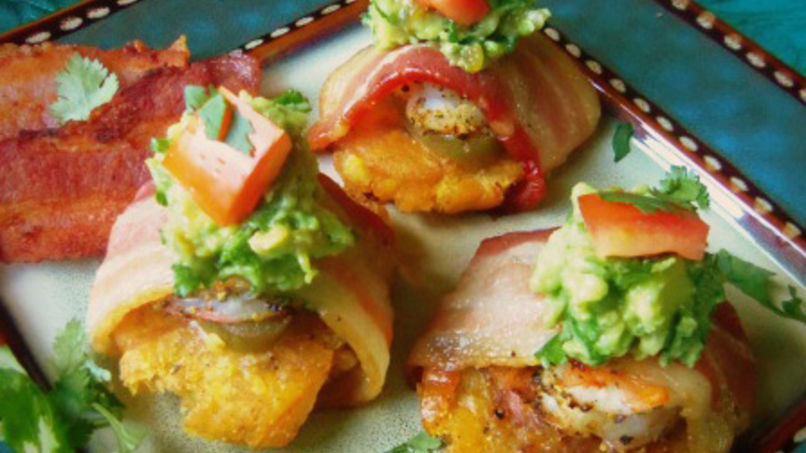 Bacon-Wrapped Tostones with Shrimp and Guacamole