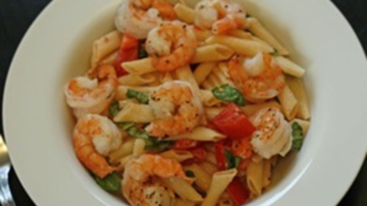 Fresh Tomato Basil Pasta with Romano Roasted Shrimp