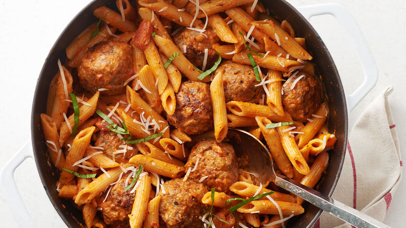 one pot sausage meatballs with creamy tomato penne