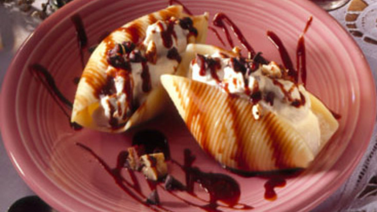 Ricotta Chocolate Chip Stuffed Shells with Caramel Sauce