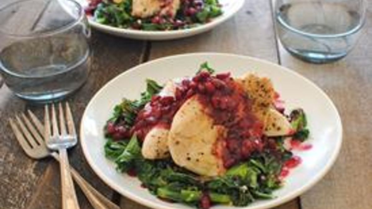 Seared Chicken Cutlets with Winter Greens and Pomegranate Sauce