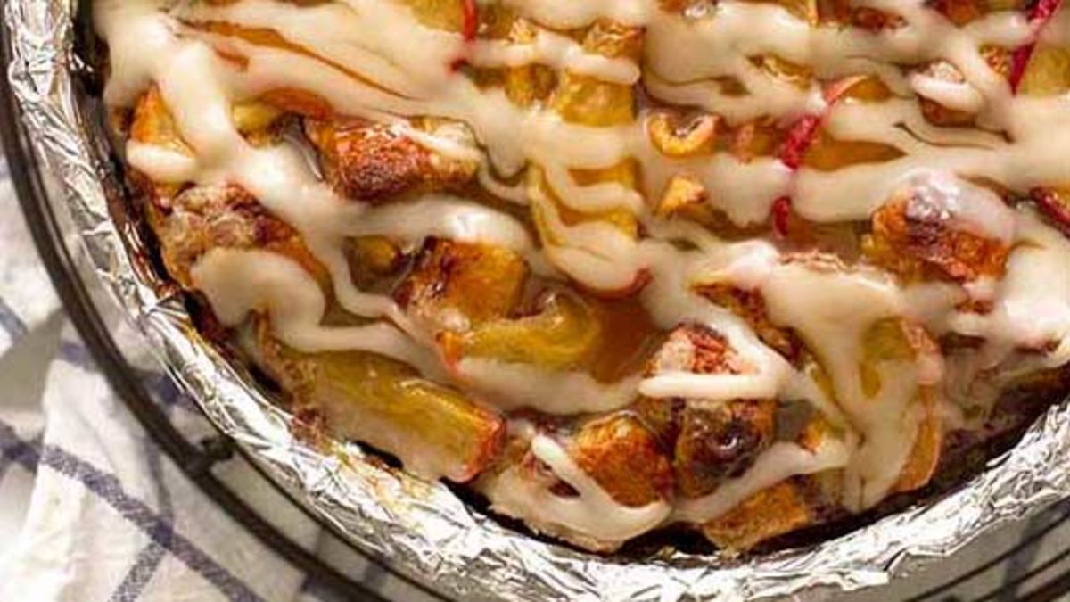 Caramel Apple Cinnamon Roll Breakfast Bread Pudding