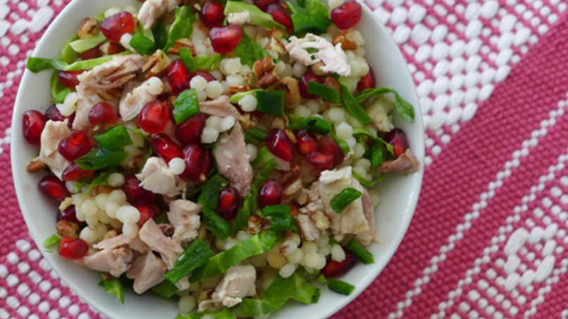 Couscous Salad with Turkey, Brussels Sprouts, Pomegranates and Poblano Peppers