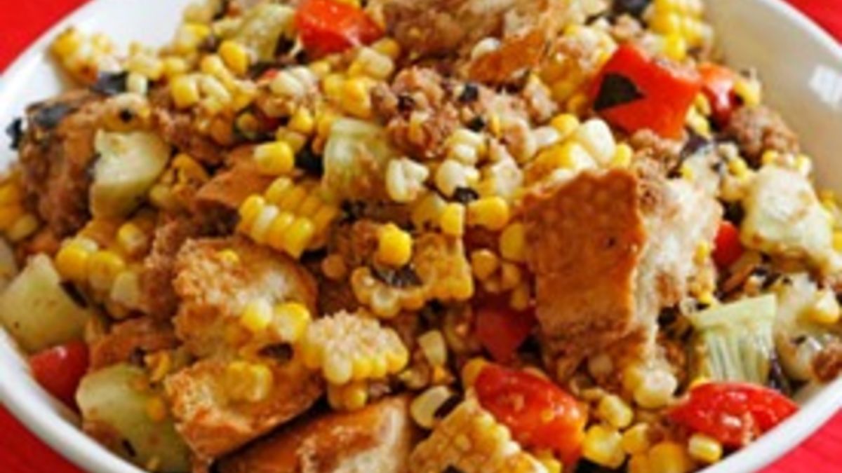 Balsamic Tomato, Corn and Cucumber Panzanella