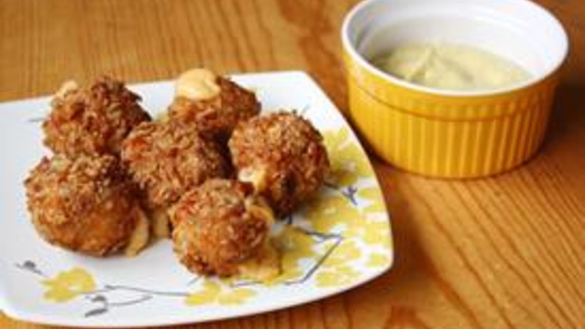 Pretzel Crusted Fried Cheese with Sweet and Spicy Mustard Sauce