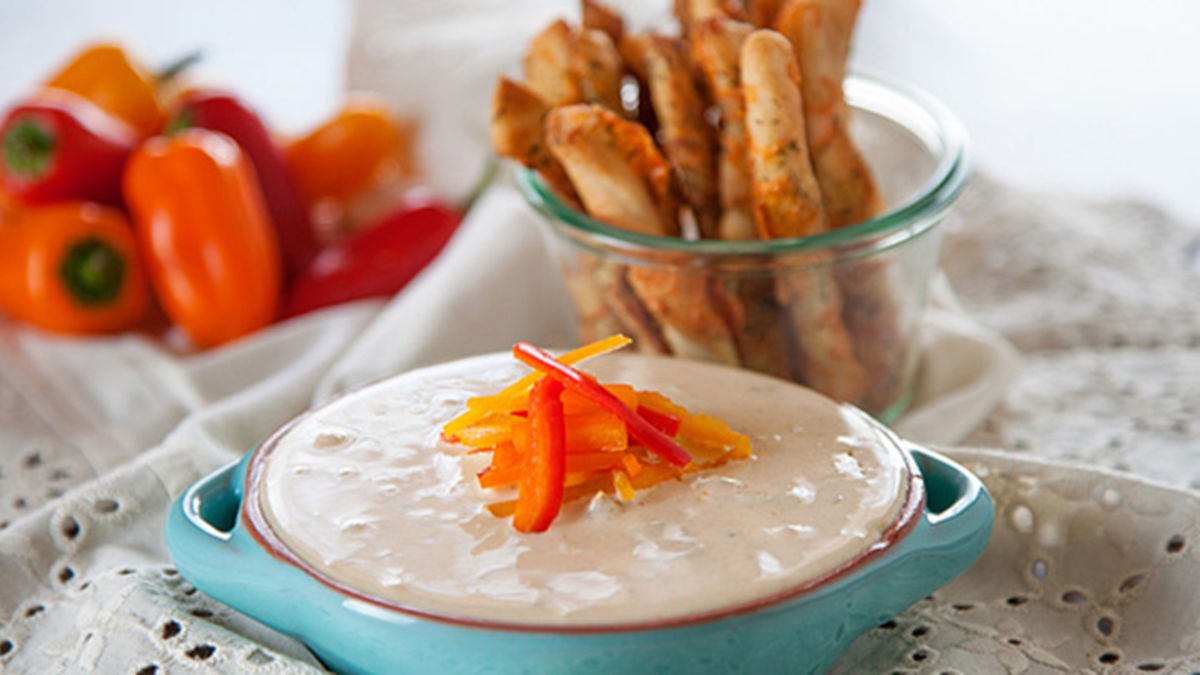 Green Chile Queso with Cheddar Oregano Breadsticks
