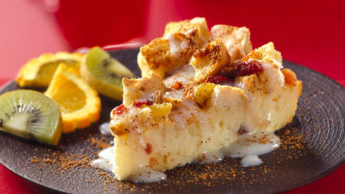 Fruited Bread Pudding with Eggnog Sauce