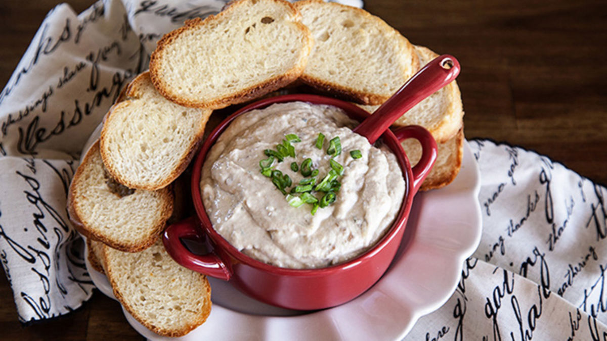 Warm French Onion Dip with French Bread Crostini
