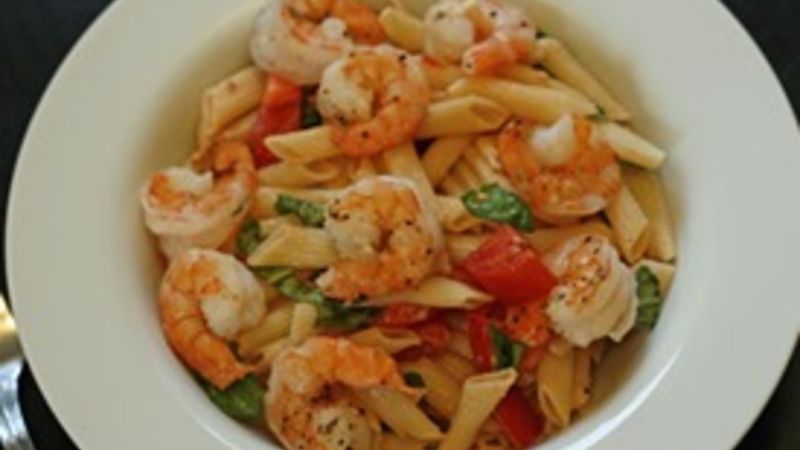 Fresh Tomato Basil Pasta with Romano Roasted Shrimp Recipe - Tablespoon.com