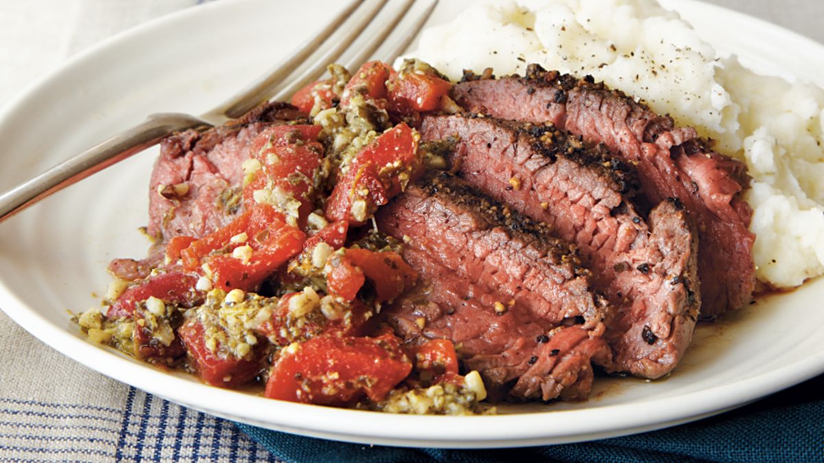 Pepper Steak with Roasted Red Pepper Pesto