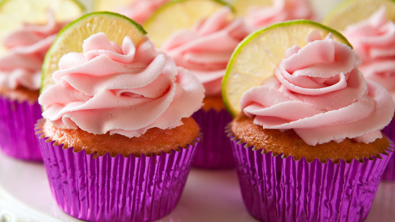 Strawberry Margarita Cupcakes prepared recipe topped with a lime wedge