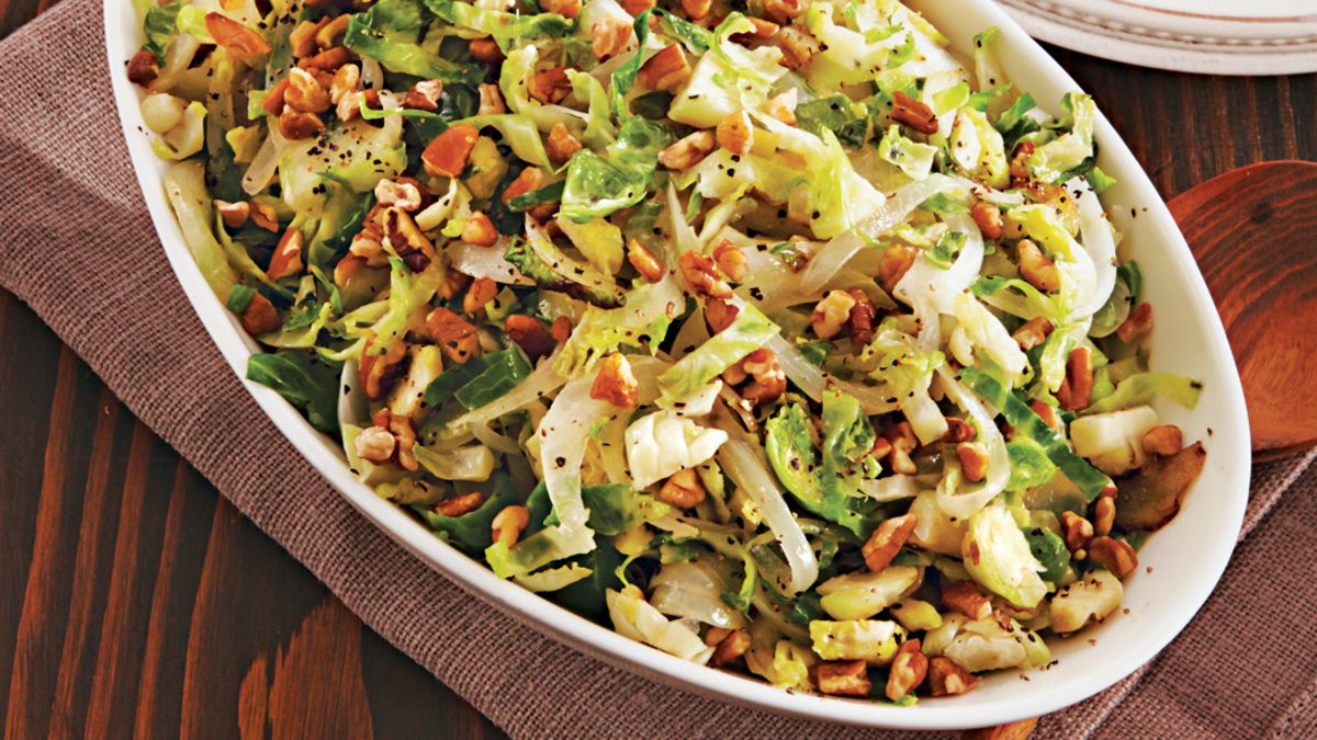 Caramelized Onion-Pecan Brussels Sprouts