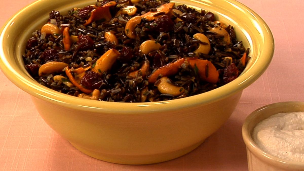 Gluten-Free Wild Rice Salad with Chanterelles, Sour Cherries and Cashew Sour Cream