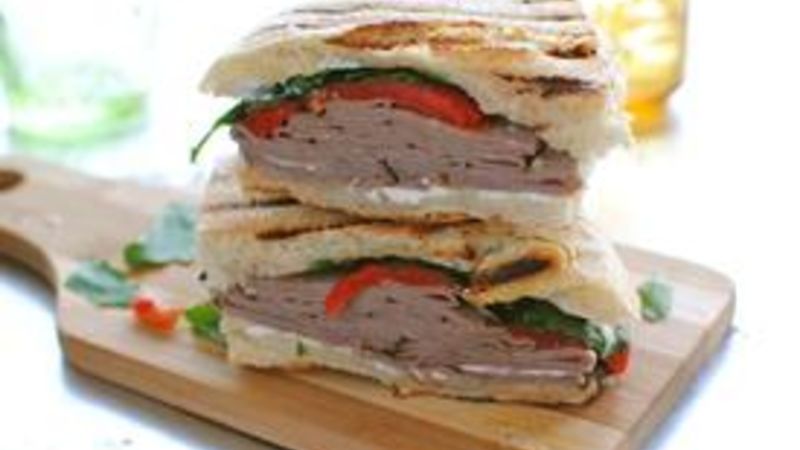Roast Beef, Roasted Red Pepper and Goat Cheese Panini Recipe - Tablespoon.com