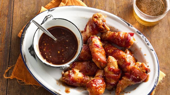 How to Make Bacon-Wrapped Chicken Wings with Bourbon Barbecue Sauce Video