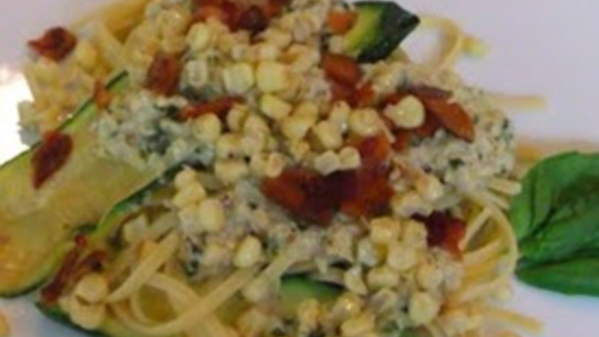 Linguine and Zucchini with Bacon Corn Pesto