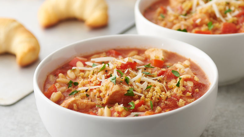 Slow-Cooker Chicken Parmesan Soup prepared recipe in a bowl