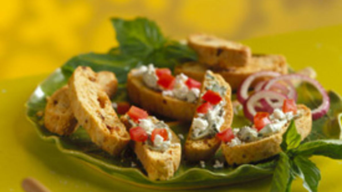 Sun-Dried Tomato Biscotti with Basil-Cream Cheese Topping