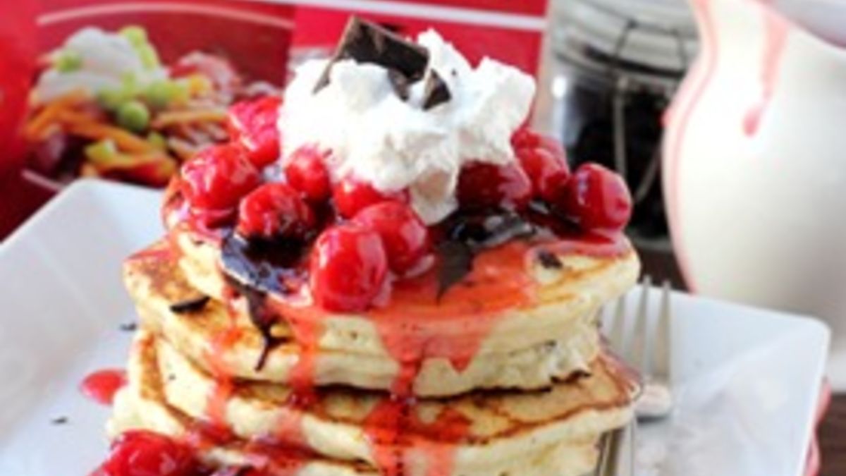 Chocolate Chunk Pancakes with Ginger Cherry Syrup