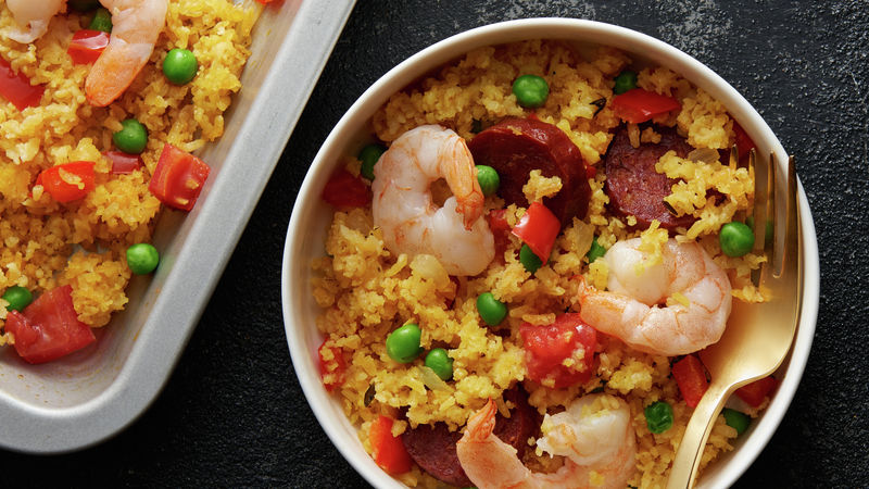 sheet pan paella with shrimp and chorizo