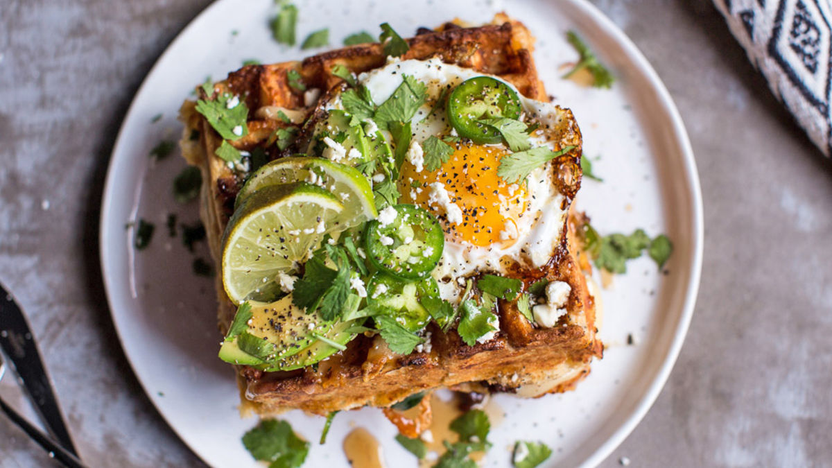 Cheese-Stuffed 3-Cheese and Chorizo Savory Waffles