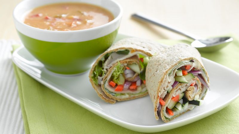 Turkey Vegetable Rollups with a bowl of Soup prepared recipe