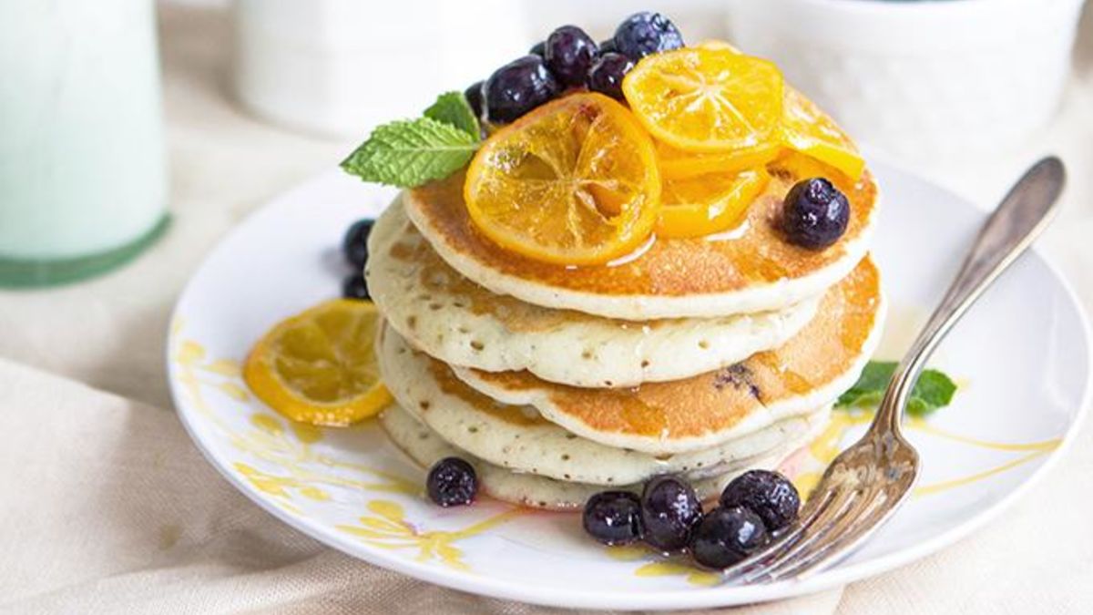 Blueberry Greek Yogurt Pancakes with Meyer Lemon Syrup