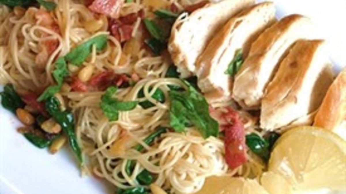 Pan Seared Chicken Breast with Wilted Spinach and Angel Hair Pesto